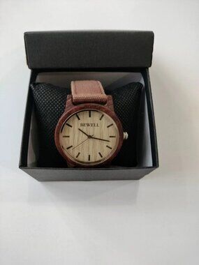 BEWELL Mens Wood Analog Quartz Watch Canvas Band New Battery Gift Box